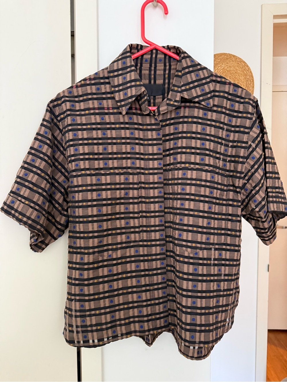 No. 6 Brown Plaid Button-Down Top with Blue Accents